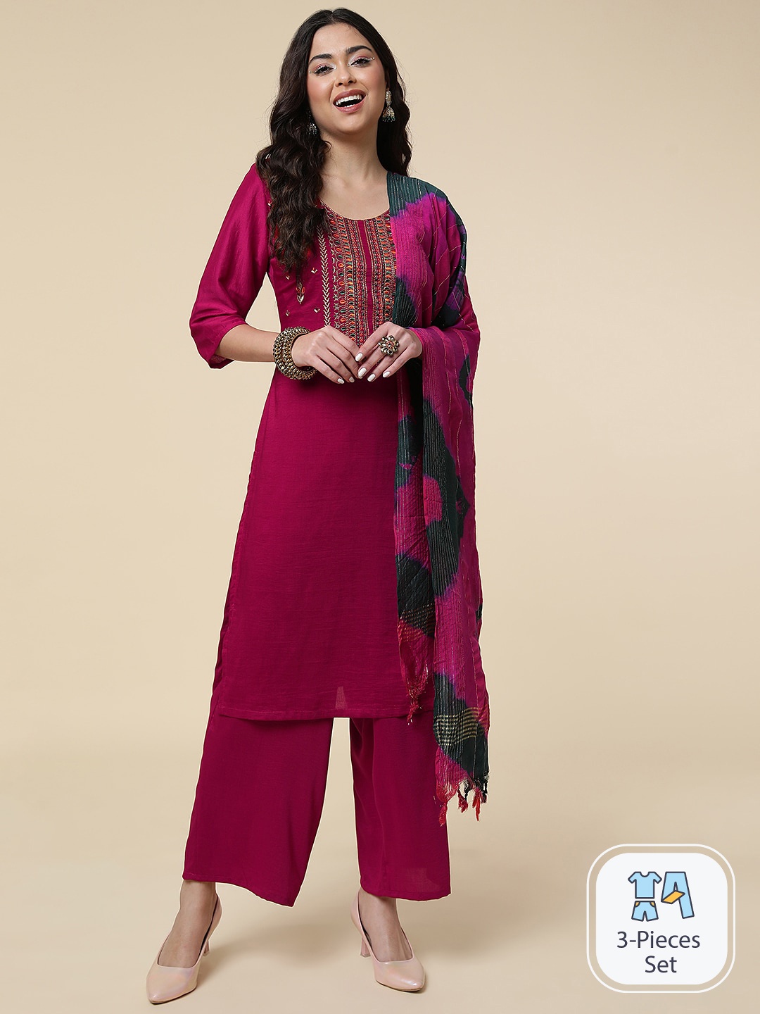 

CLEMIRA Ethnic Motifs Yoke Design Thread Work Silk Chiffon Kurta with Salwar & Dupatta, Pink