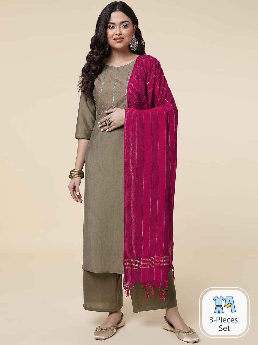 

CLEMIRA Yoke Design Sequinned Kurta With Palazzos & Dupatta, Olive