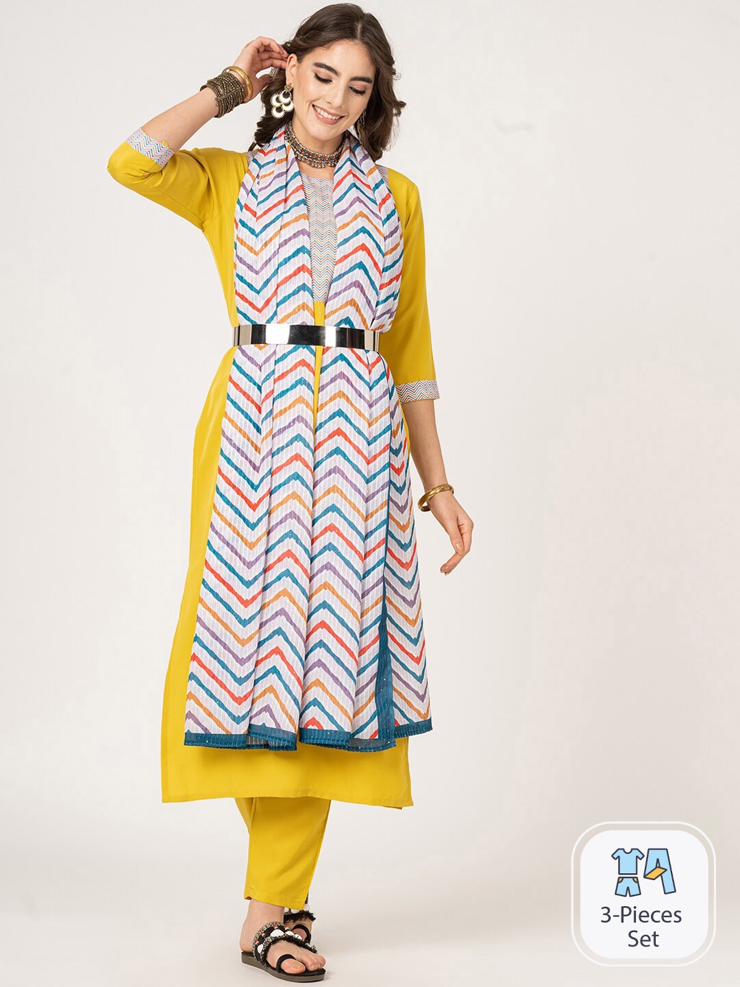 

CLEMIRA Chevron Yoke Design Regular Kurta with Salwar & With Dupatta, Yellow