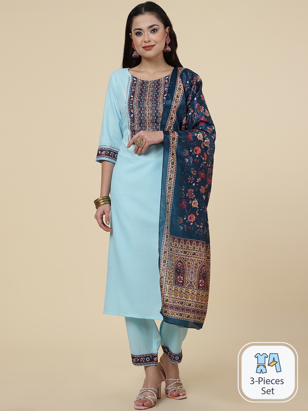 

CLEMIRA Floral Yoke Design Kurta with Salwar & Dupatta, Turquoise blue
