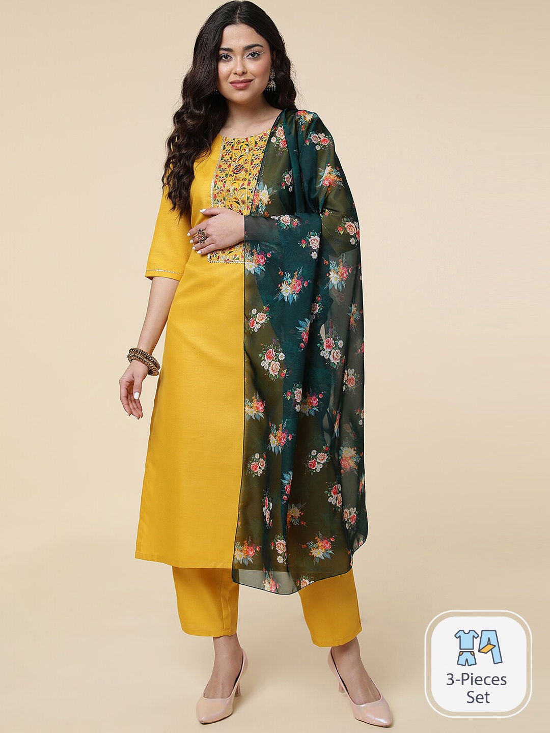 

CLEMIRA Ethnic Motifs Yoke Design Gotta Patti Kurta With Trousers & Dupatta, Yellow
