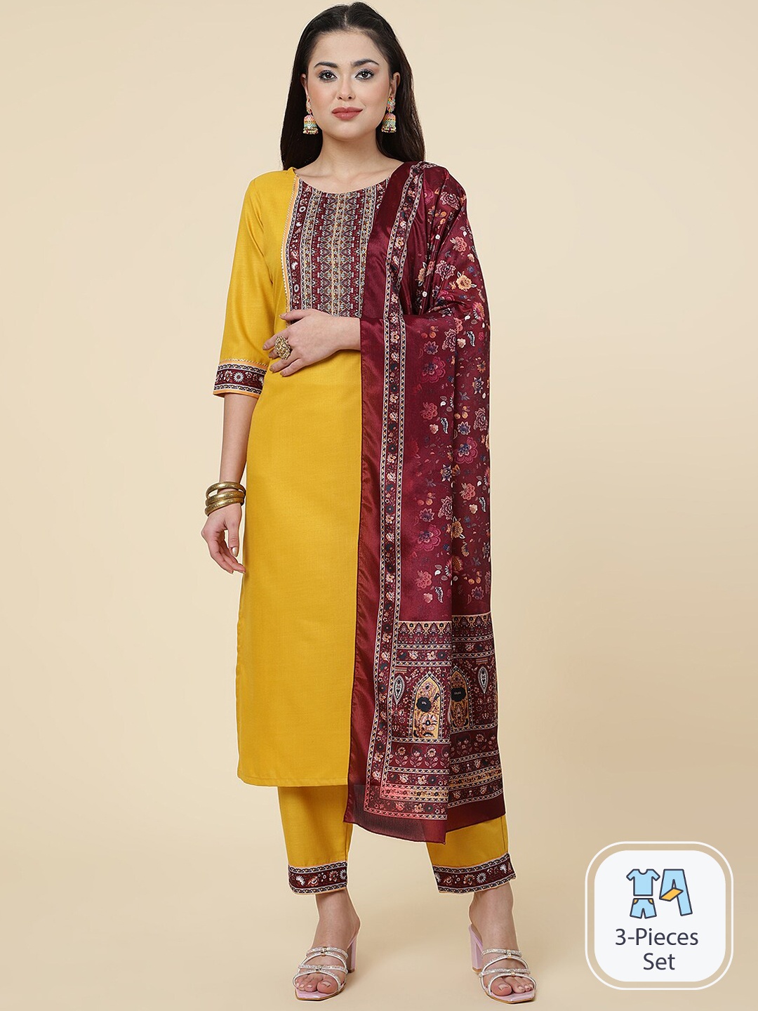 

CLEMIRA Ethnic Motifs Yoke Design Regular Gotta Patti Kurta with Trousers & Dupatta, Mustard
