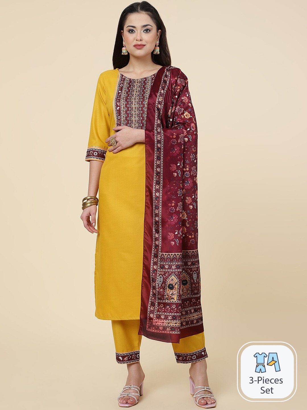 

CLEMIRA Ethnic Motifs Yoke Design Gotta Patti Kurta With Salwar & Dupatta, Mustard