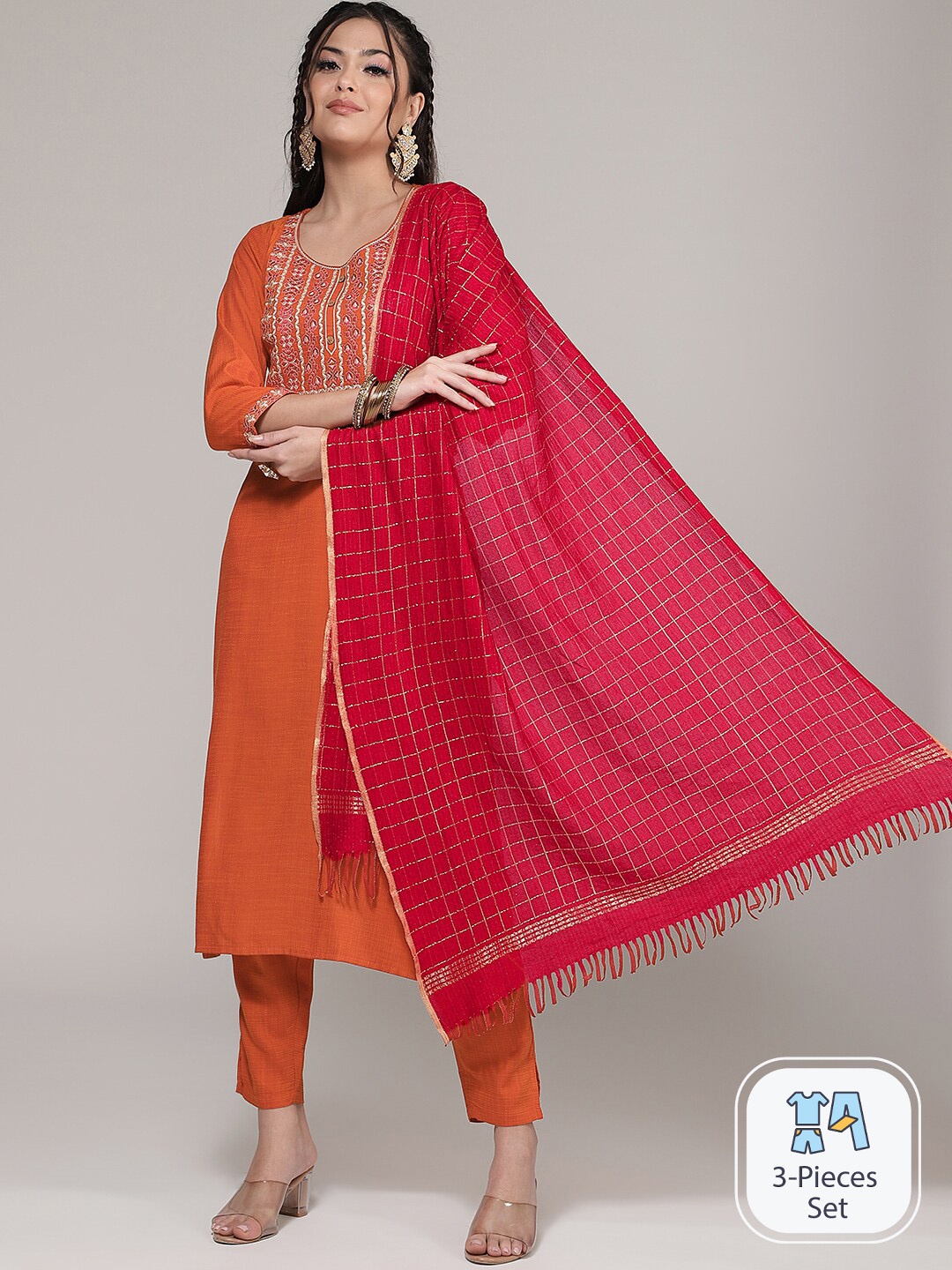 

CLEMIRA Floral Yoke Design Thread Work Kurta with Trousers & With Dupatta, Orange