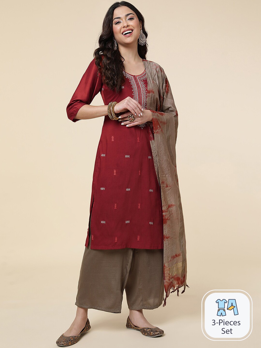 

CLEMIRA Ethnic Motifs Embroidered Silk Chiffon Kurta With Salwar & Dupatta, Maroon
