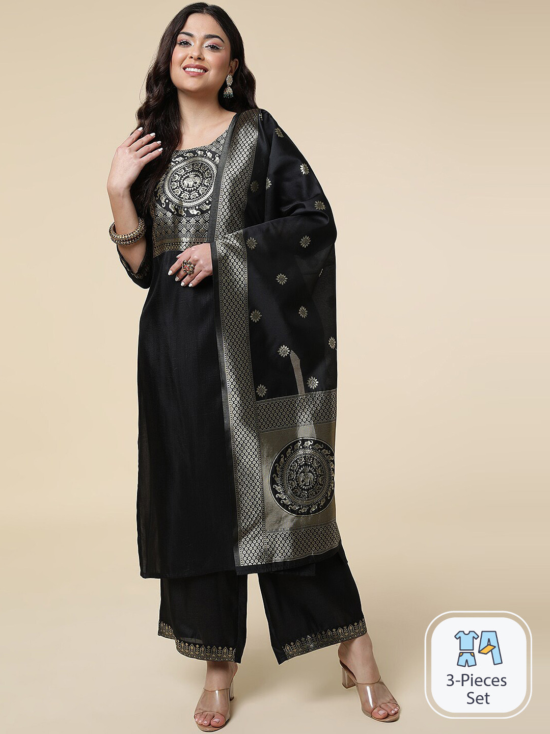 

CLEMIRA Ethnic Motifs Woven Designed Regular Kurta & Salwar With Dupatta, Black