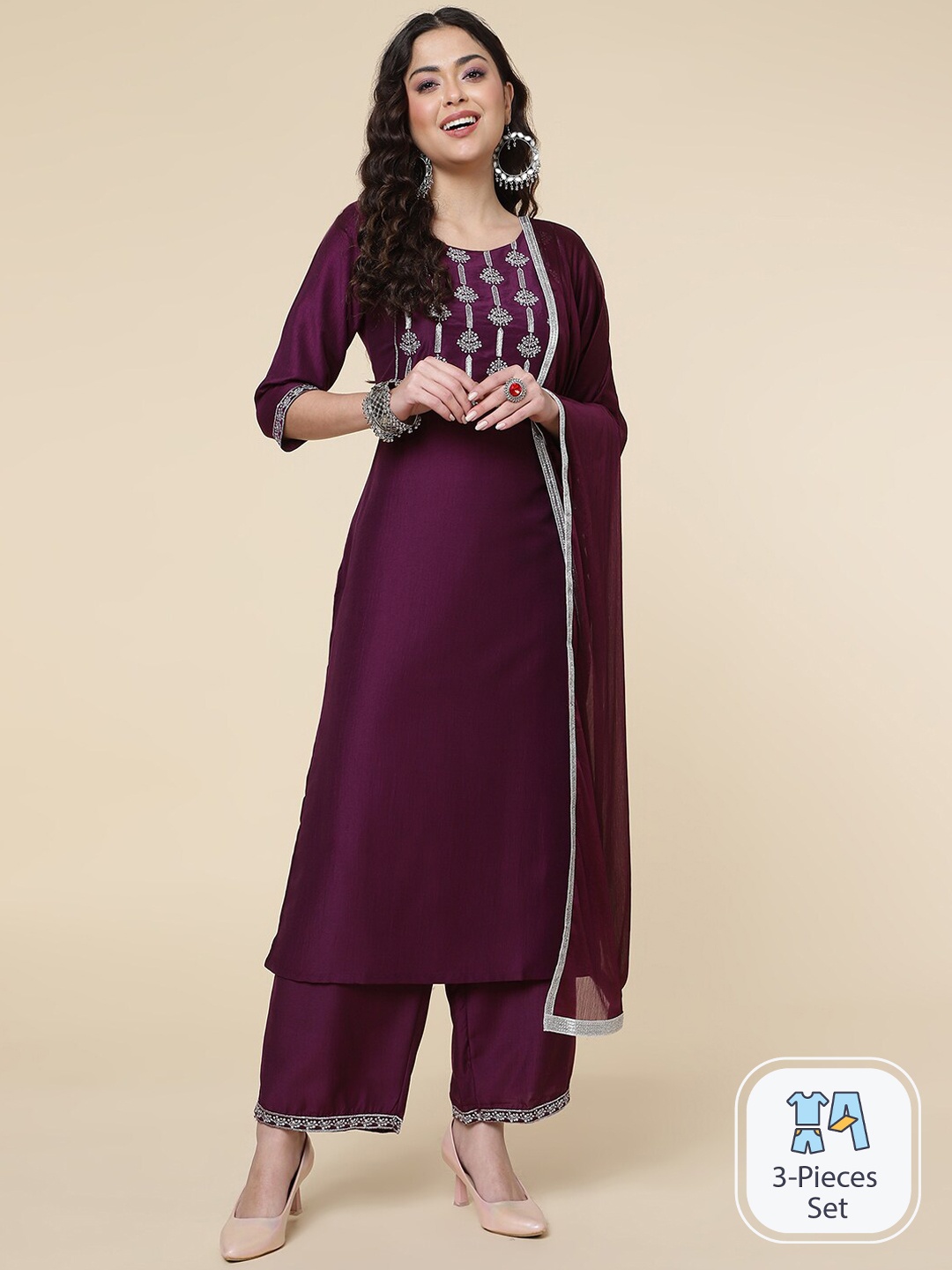

CLEMIRA Ethnic Motifs Yoke Design Regular Silk Chiffon Kurta With Palazzos & With Dupatta, Purple