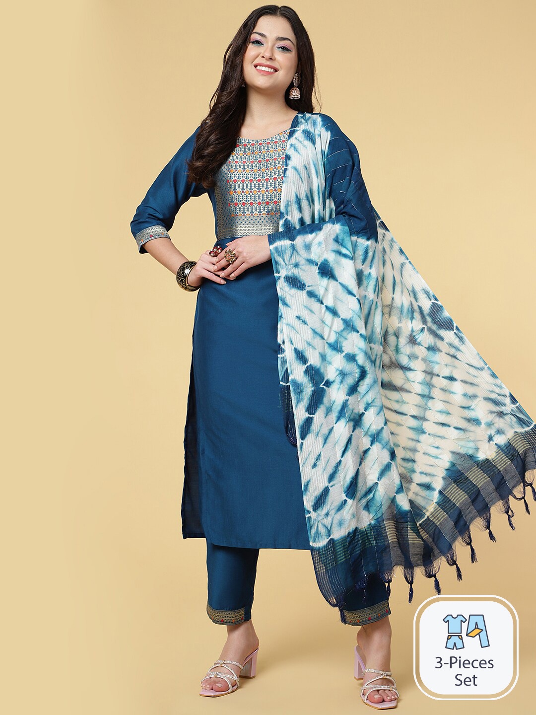 

CLEMIRA Ethnic Motifs Yoke Design Zari Kurta With Trousers & Dupatta, Navy blue