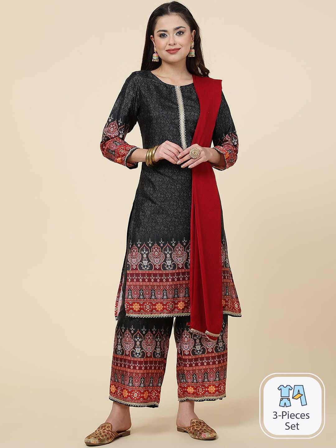 

CLEMIRA Ethnic Motifs Printed Kurta With Palazzos & Dupatta, Black