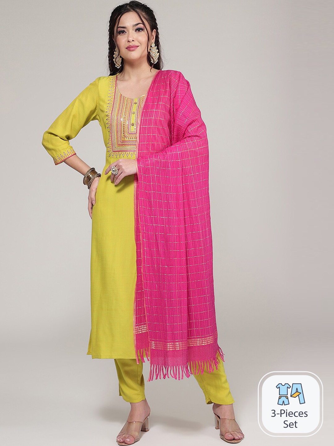 

CLEMIRA Ethnic Motifs Yoke Design Thread Work Kurta With Salwar & Dupatta, Yellow