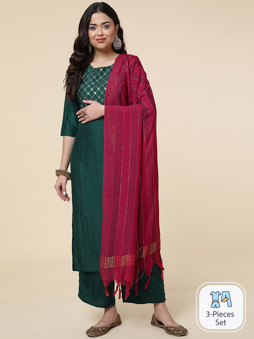 

CLEMIRA Geometric Embroidered Thread Work Straight Kurta With Palazzos & Dupatta, Green