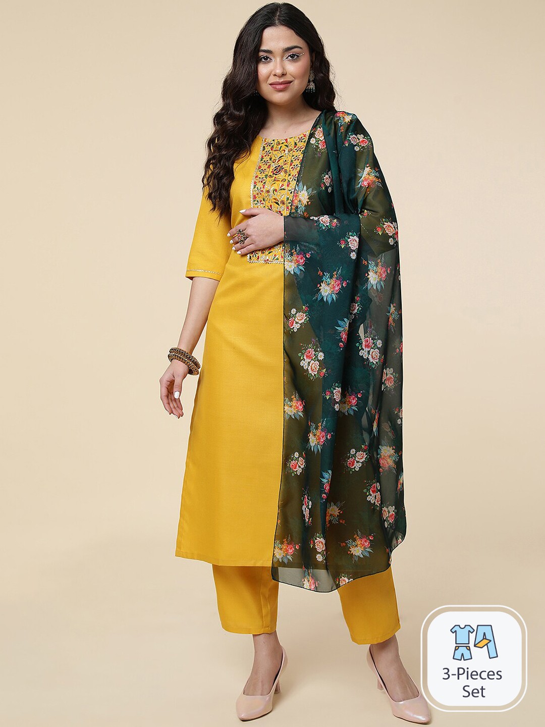 

CLEMIRA Ethnic Motifs Yoke Design Gotta Patti Kurta With Trousers & Dupatta, Yellow