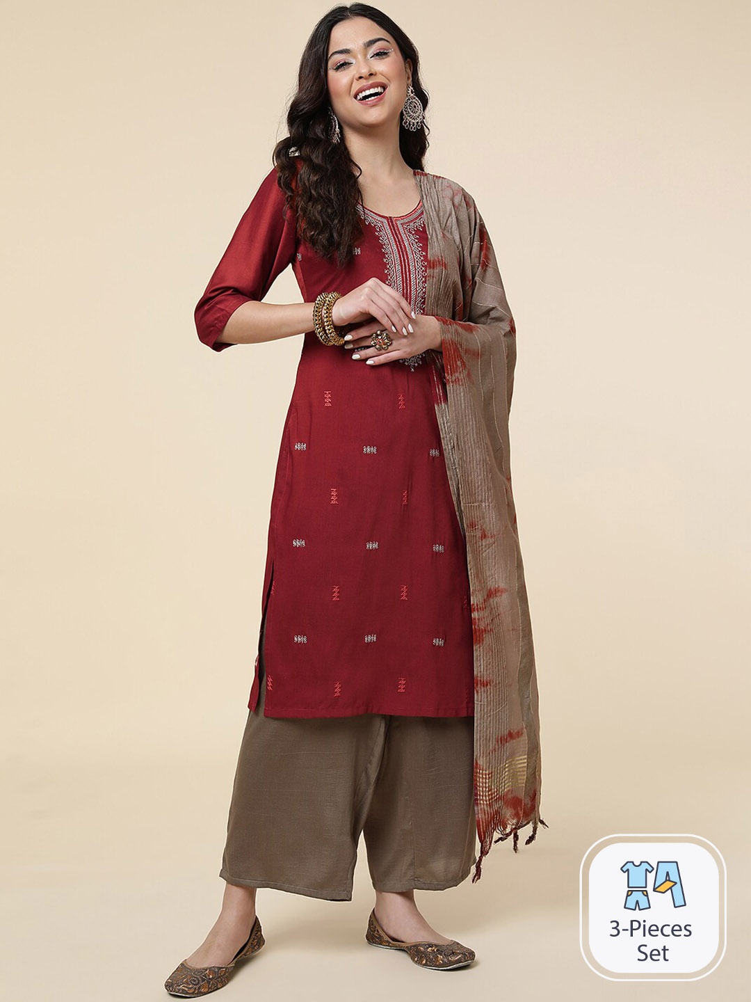 

CLEMIRA Yoke Design Silk Chiffon Kurta with Palazzos & With Dupatta, Maroon