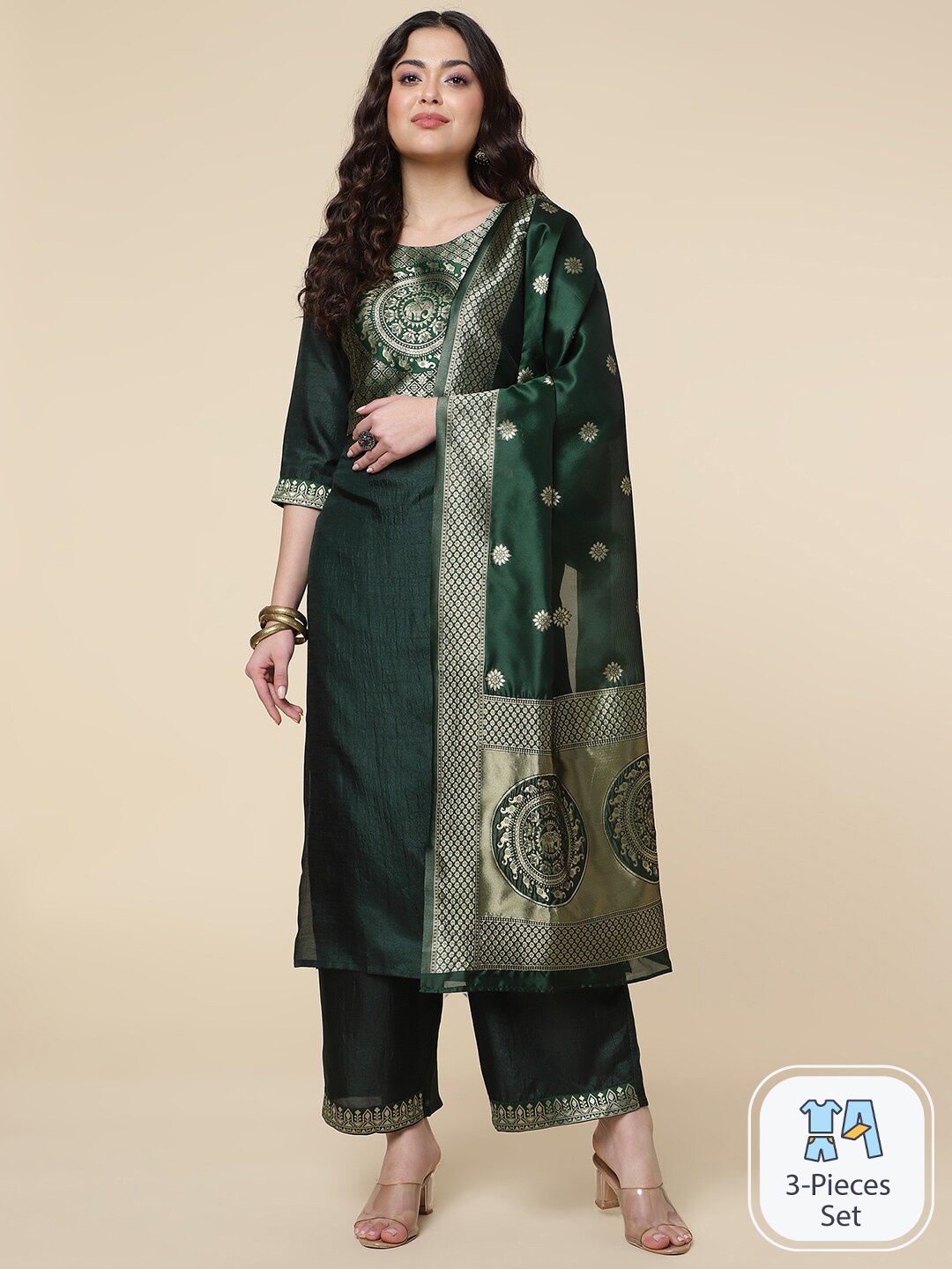 

CLEMIRA Ethnic Motifs Yoke Design Zari Kurta & Palazzos With Dupatta, Green