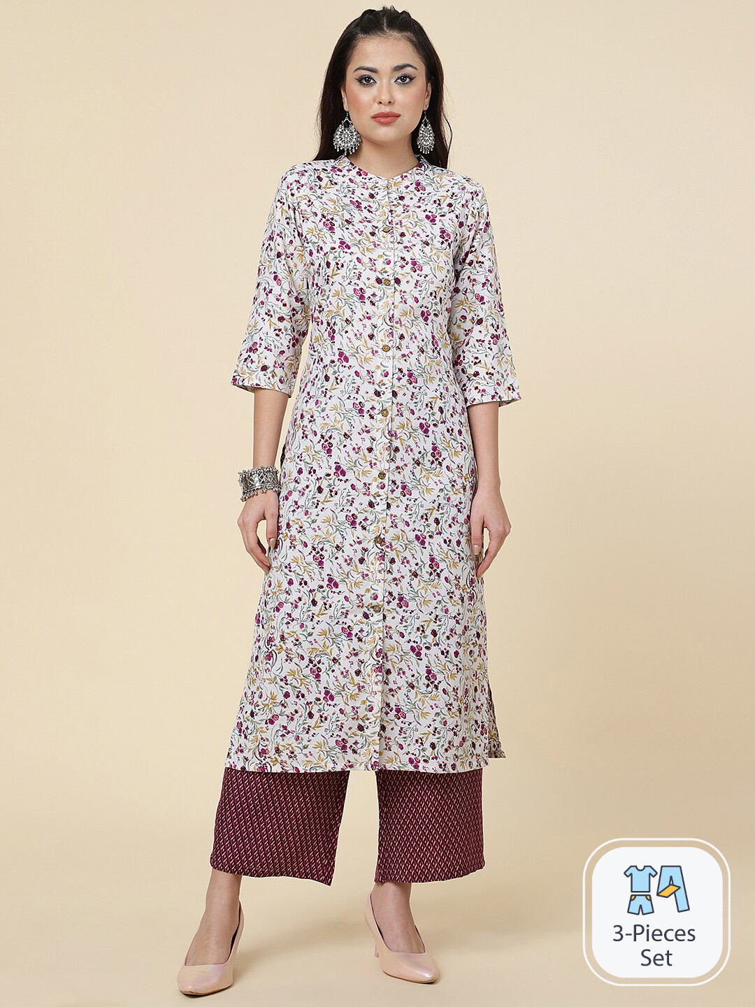 

CLEMIRA Floral Printed Regular Kurta with Palazzos, White