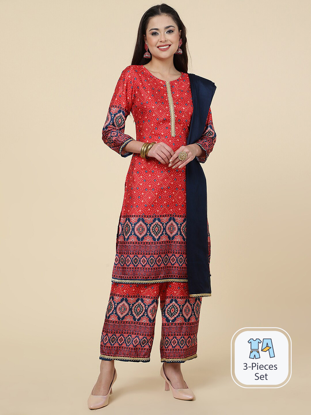 

CLEMIRA Bandhani Printed Silk Crepe Kurta with Palazzos & With Dupatta, Red