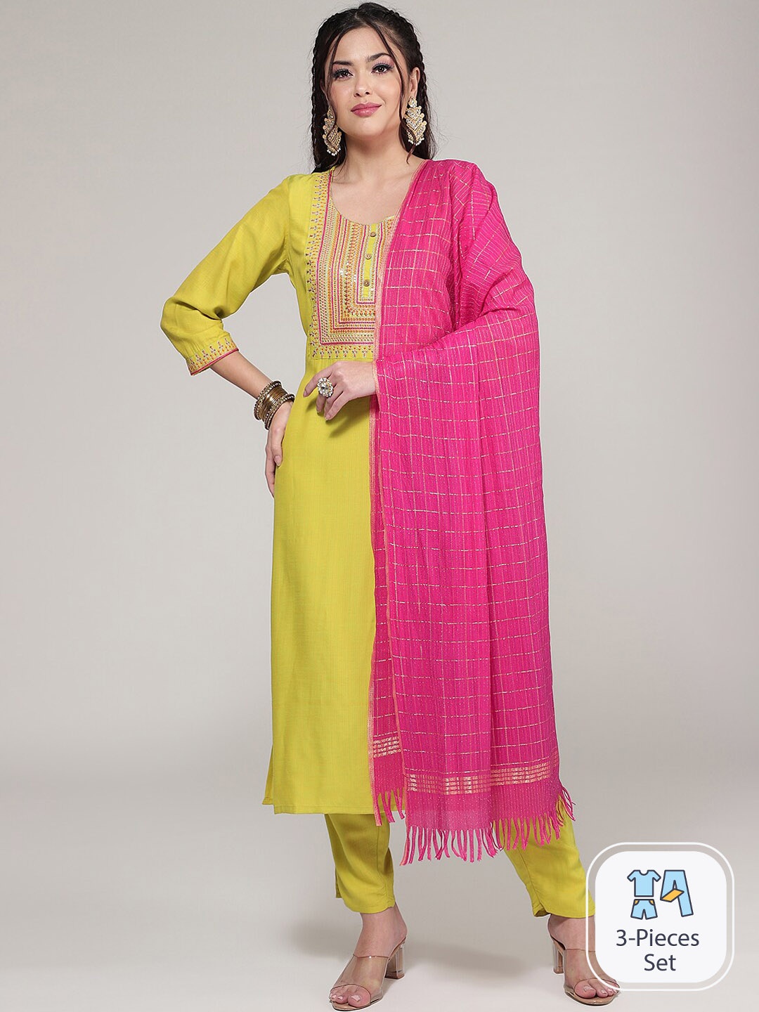 

CLEMIRA Floral Yoke Design Regular Sequined Kurta with Trousers & Jute Silk Dupatta, Yellow