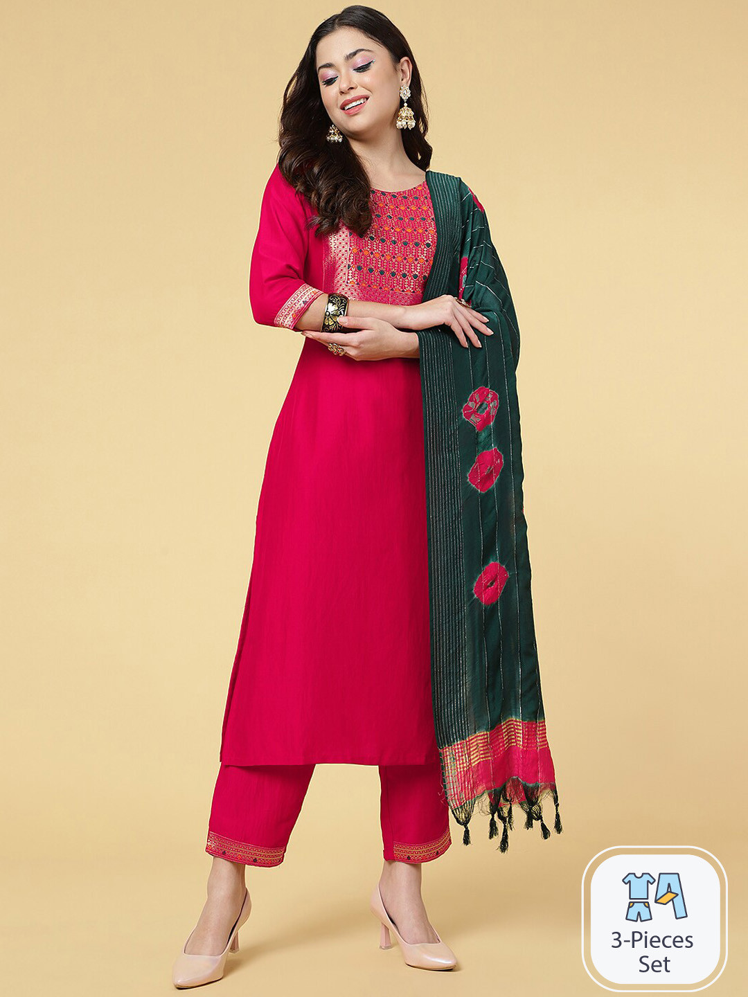 

CLEMIRA Ethnic Motifs Yoke Design Silk Chiffon Straight Kurta With Salwar & Dupatta, Pink