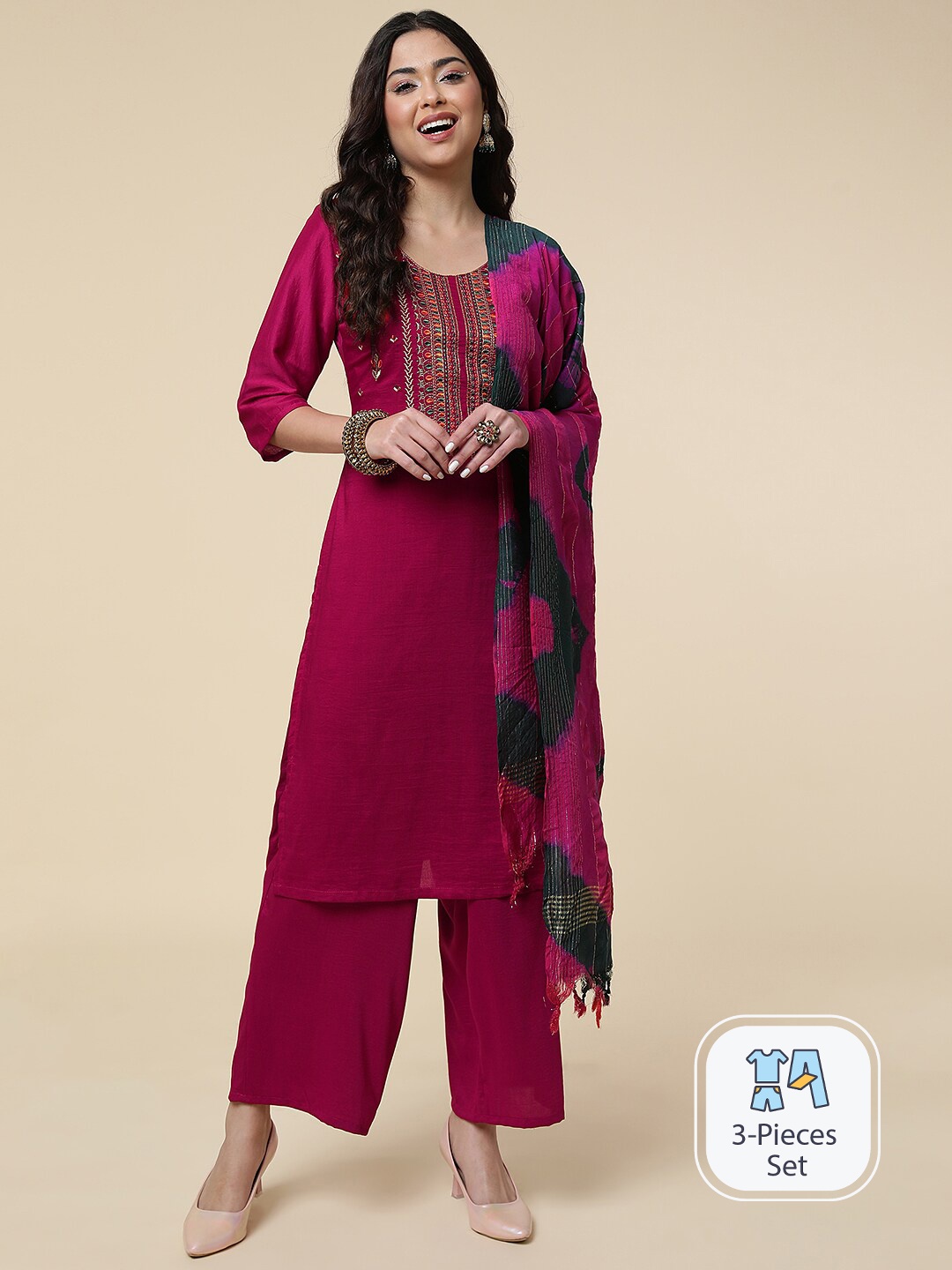 

CLEMIRA Ethnic Motifs Yoke Design Silk Chiffon Straight Kurta With Salwar & Dupatta, Pink