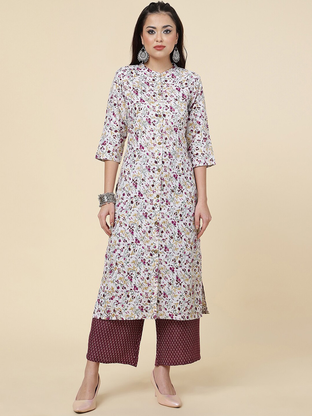

CLEMIRA Floral Printed Mandarin Collar Regular Kurta with Palazzos, White