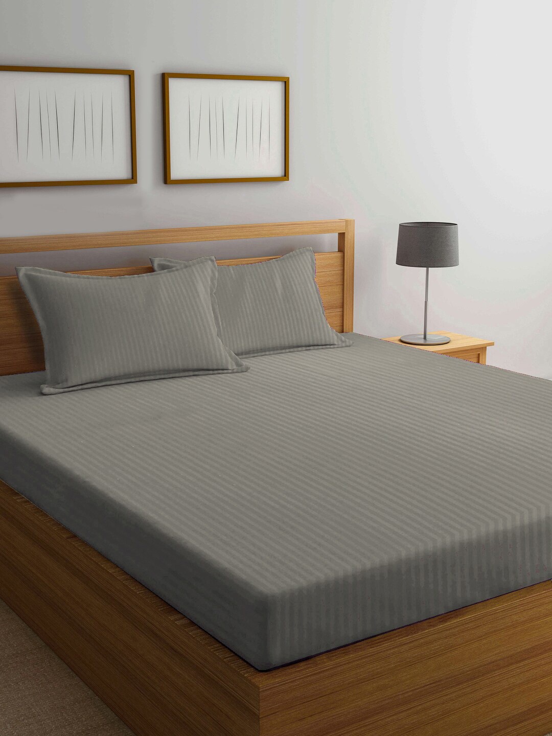 

KLOTTHE Striped Cotton Blend 300TC King Bedsheet With 2 Pillow Covers, Beige