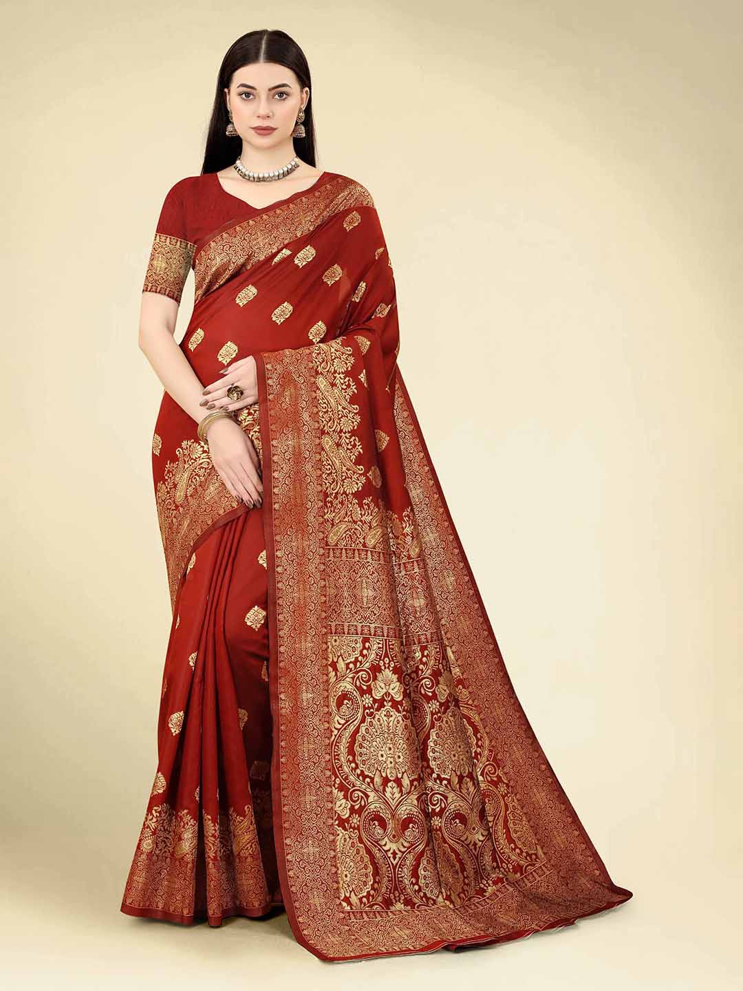 

Globon Impex Ethnic Motifs Woven Design Zari Art Silk Banarasi Saree, Maroon