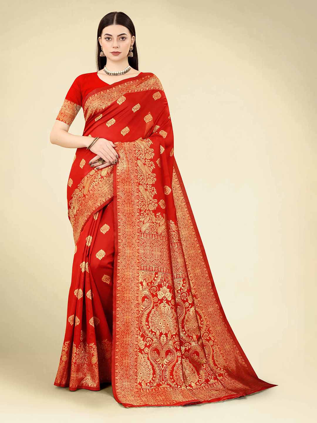 

Globon Impex Ethnic Motifs Woven Design Art Silk Banarasi Saree, Red