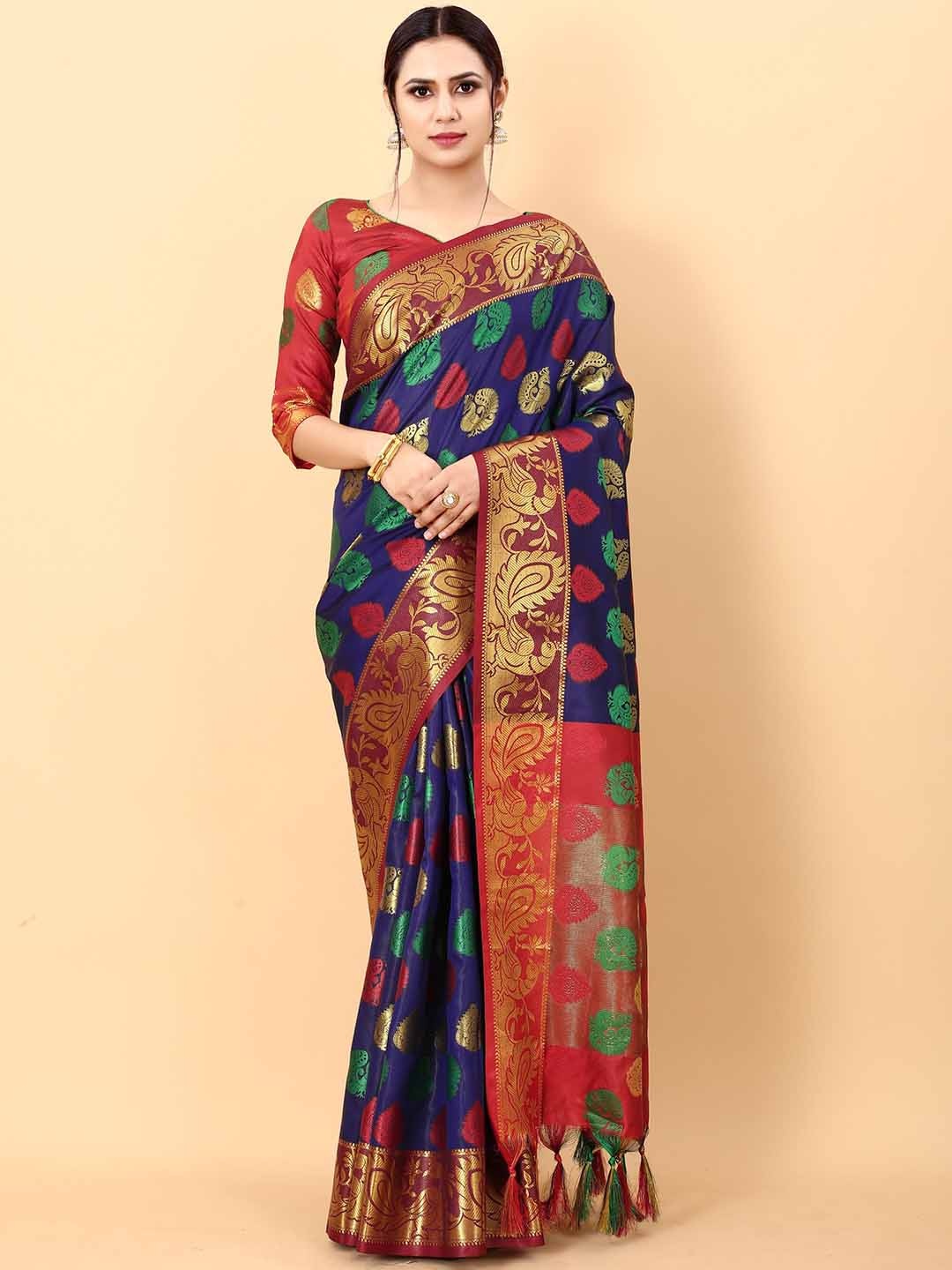 

BAESD Ethnic Motifs Woven Design Zari Silk Cotton Banarasi Saree, Blue