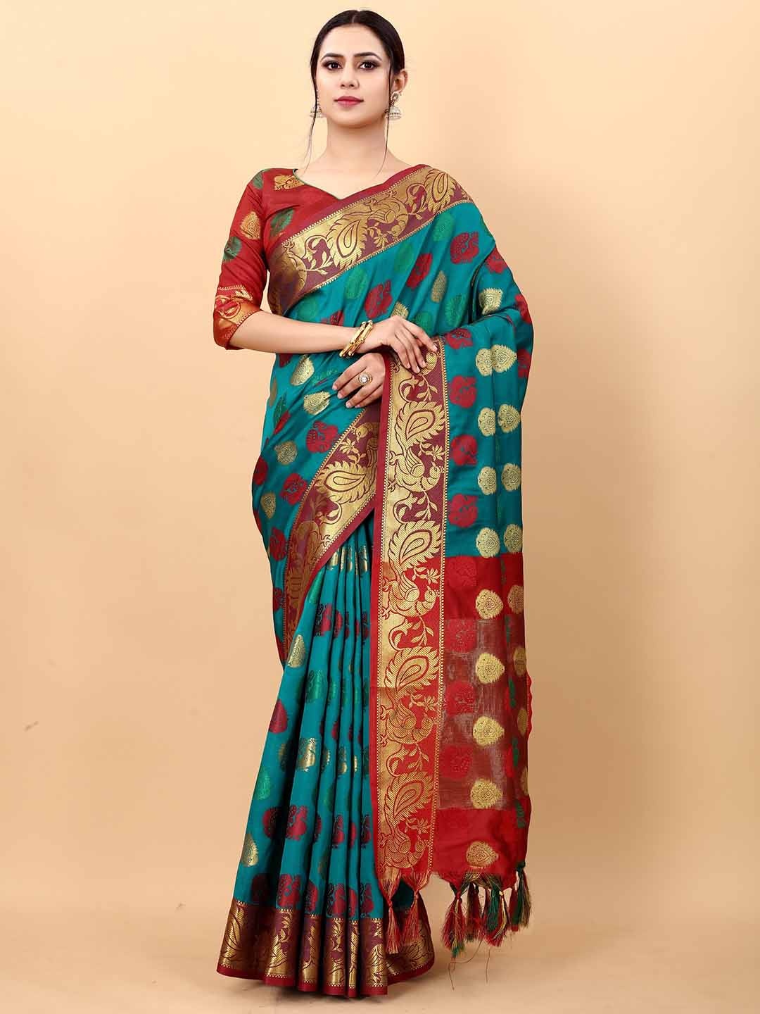 

BAESD Ethnic Motifs Woven Design Zari Silk Cotton Banarasi Saree, Turquoise blue