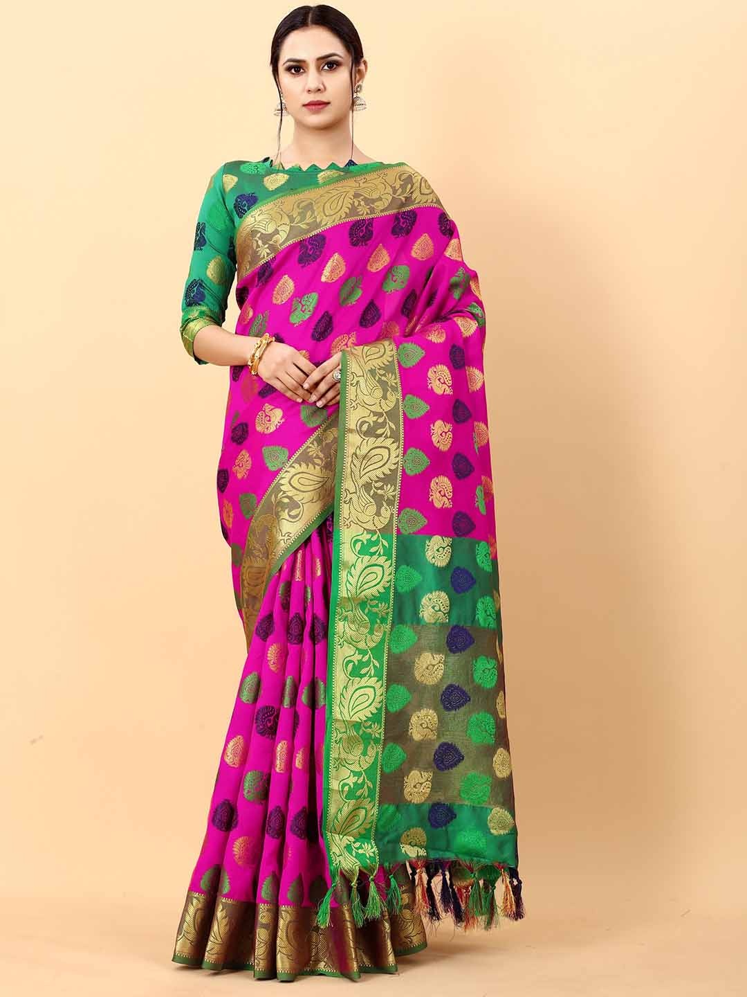 

BAESD Ethnic Motifs Woven Design Zari Silk Cotton Banarasi Saree, Pink