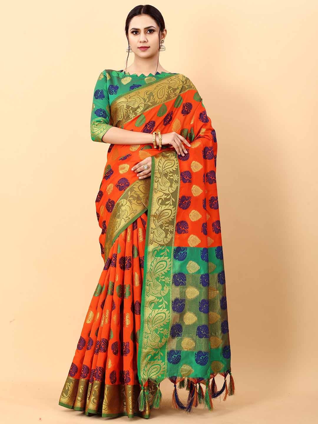 

BAESD Ethnic Motifs Woven Design Zari Silk Cotton Saree, Orange