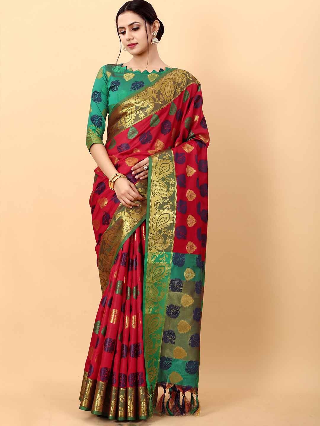 

BAESD Ethnic Motifs Woven Design Zari Silk Cotton Saree, Red
