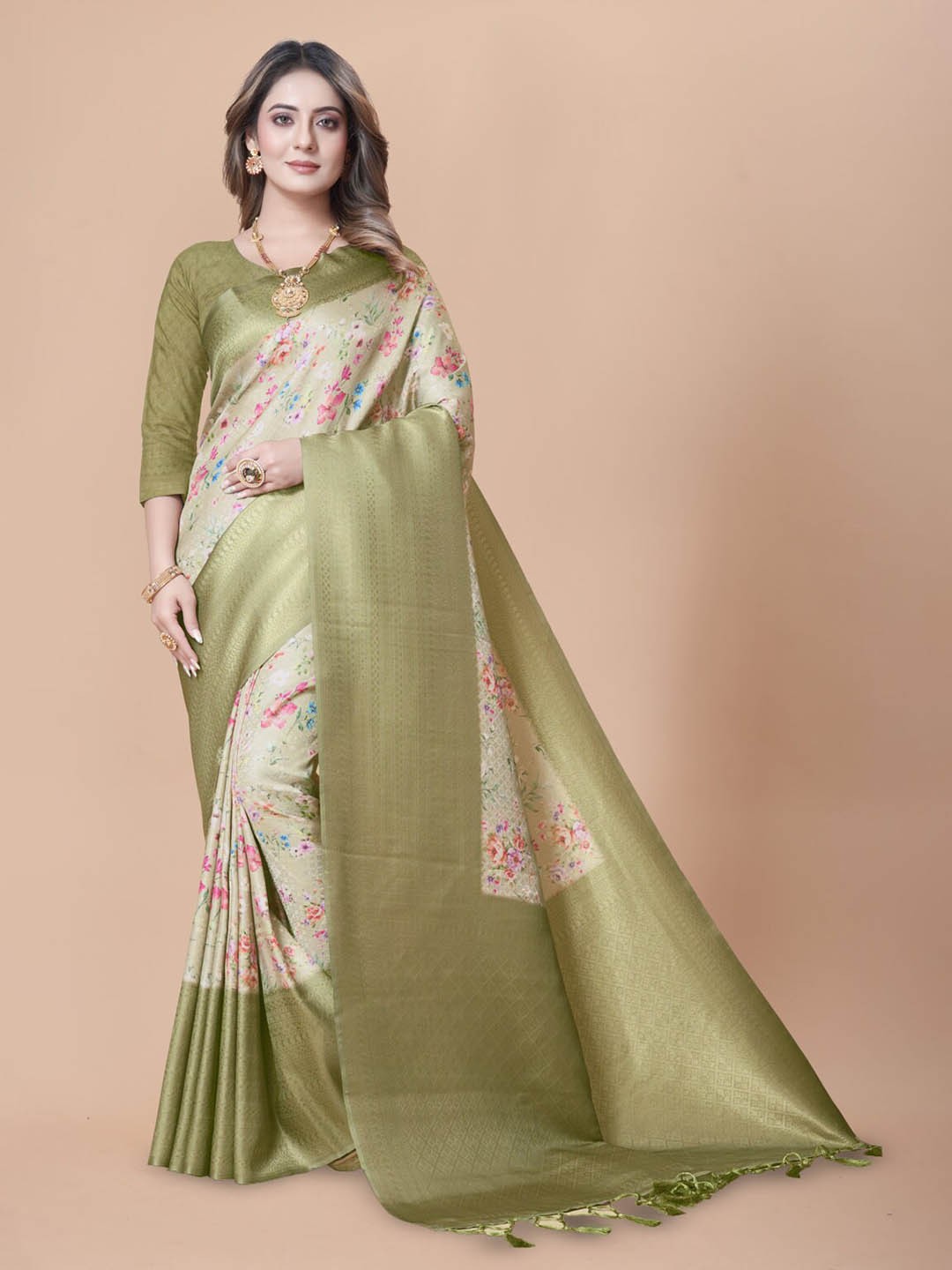 

nirja Fab Floral Printed Zari Banarasi Saree, Green