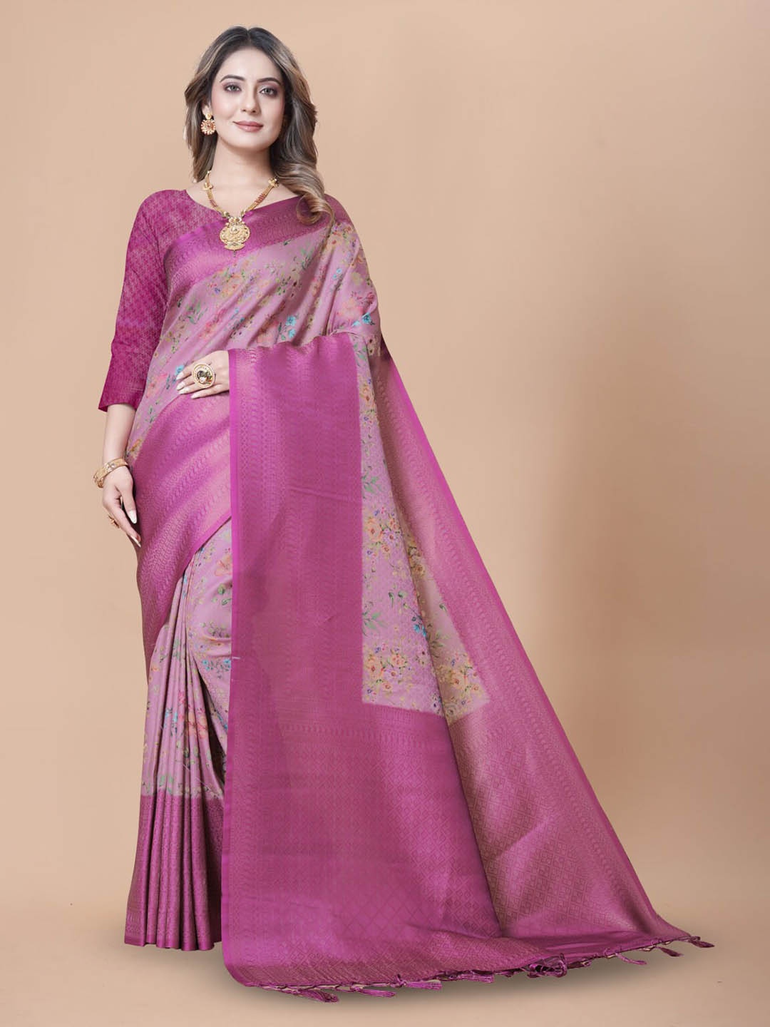 

nirja Fab Floral Printed Zari Banarasi Saree, Pink