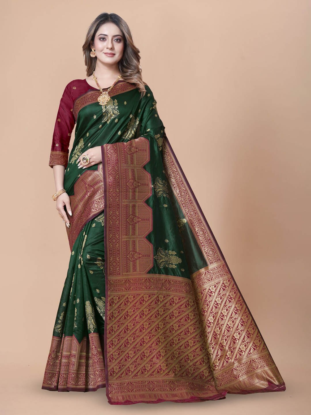 

nirja Fab Ethnic Motifs Woven Design Zari Banarasi Saree, Green