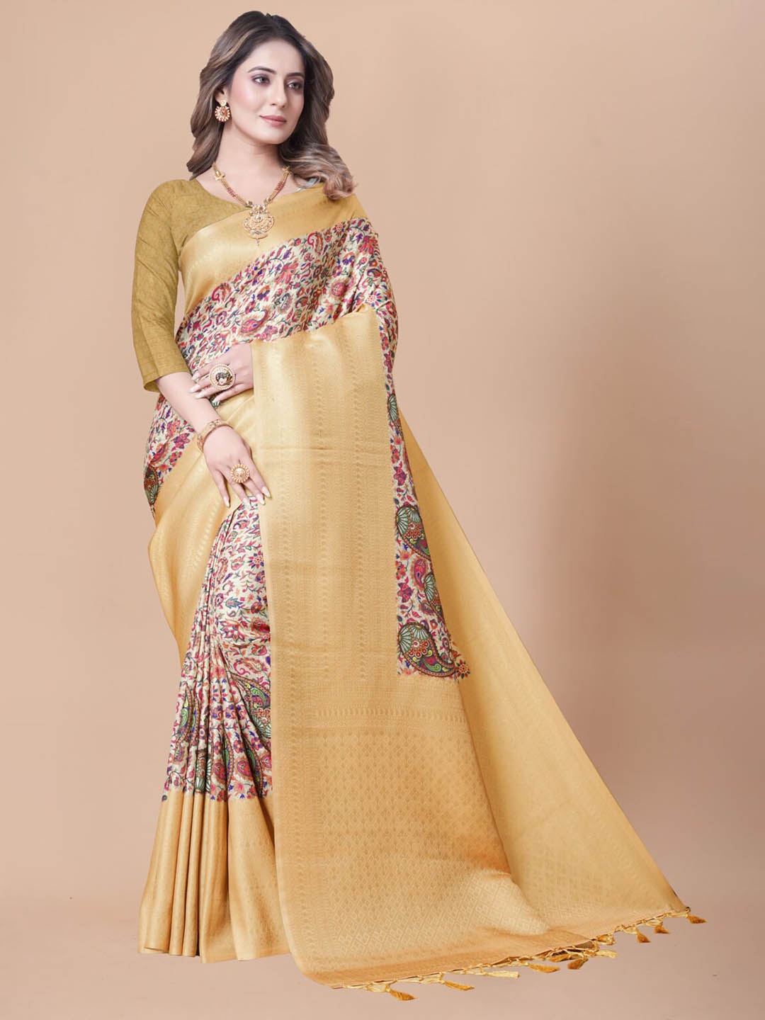 

nirja Fab Floral Printed Zari Banarasi Saree, Yellow