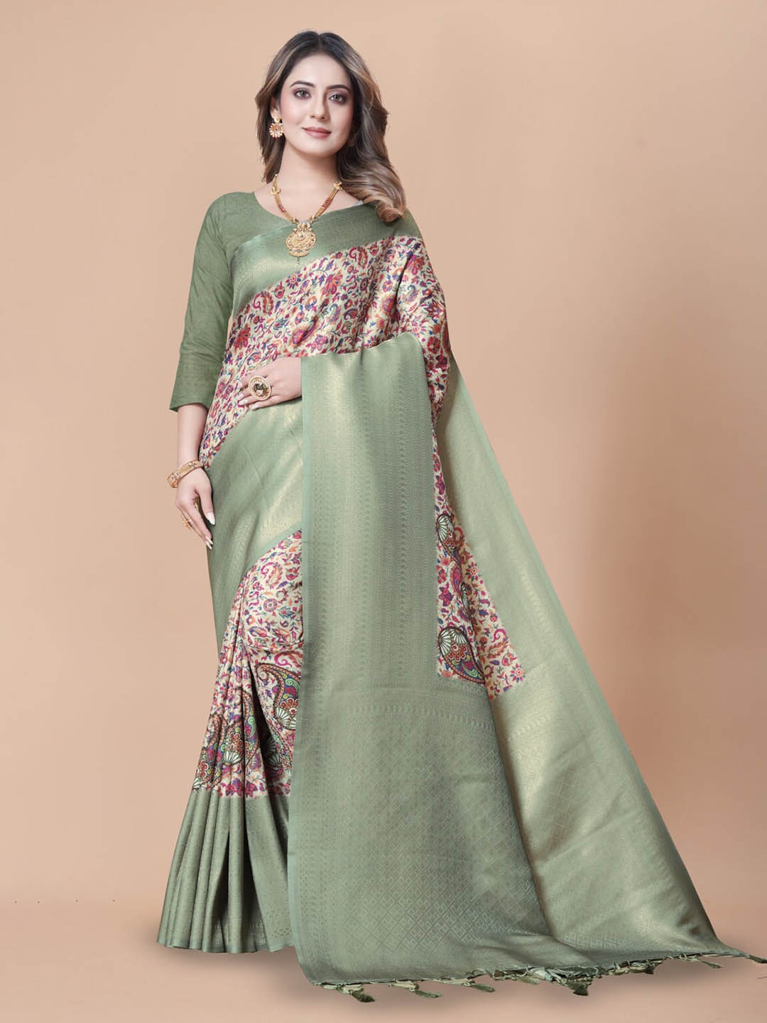 

nirja Fab Floral Printed Zari Banarasi Saree, Green