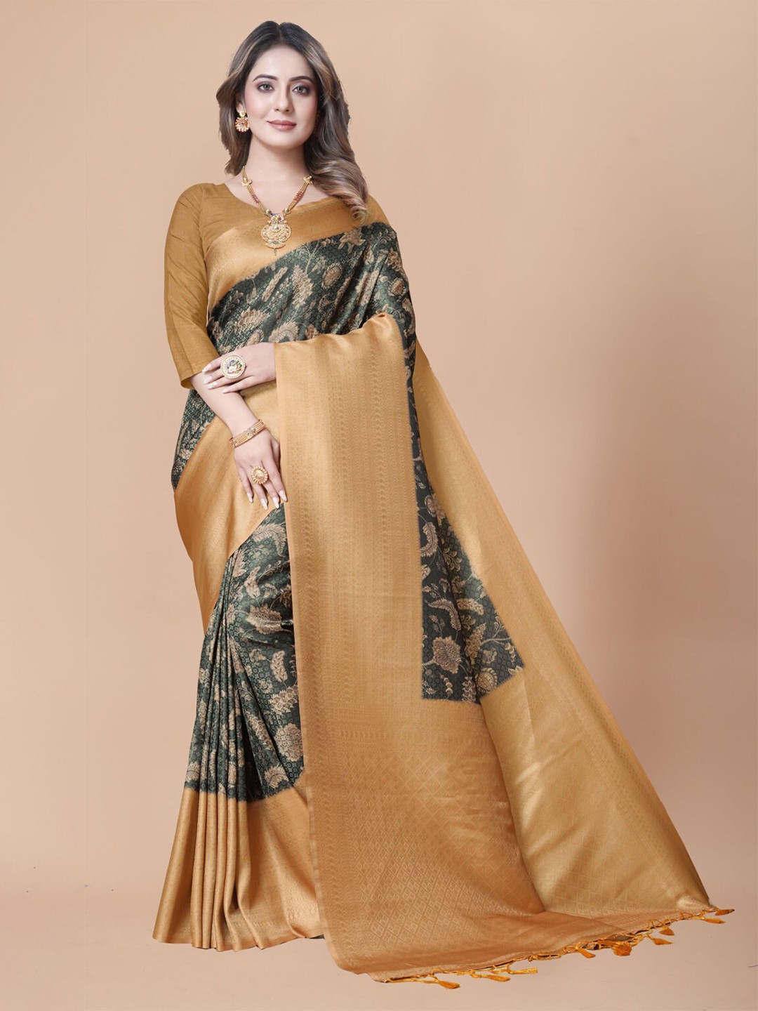 

nirja Fab Floral Printed Zari Detailed Banarasi Saree, Brown