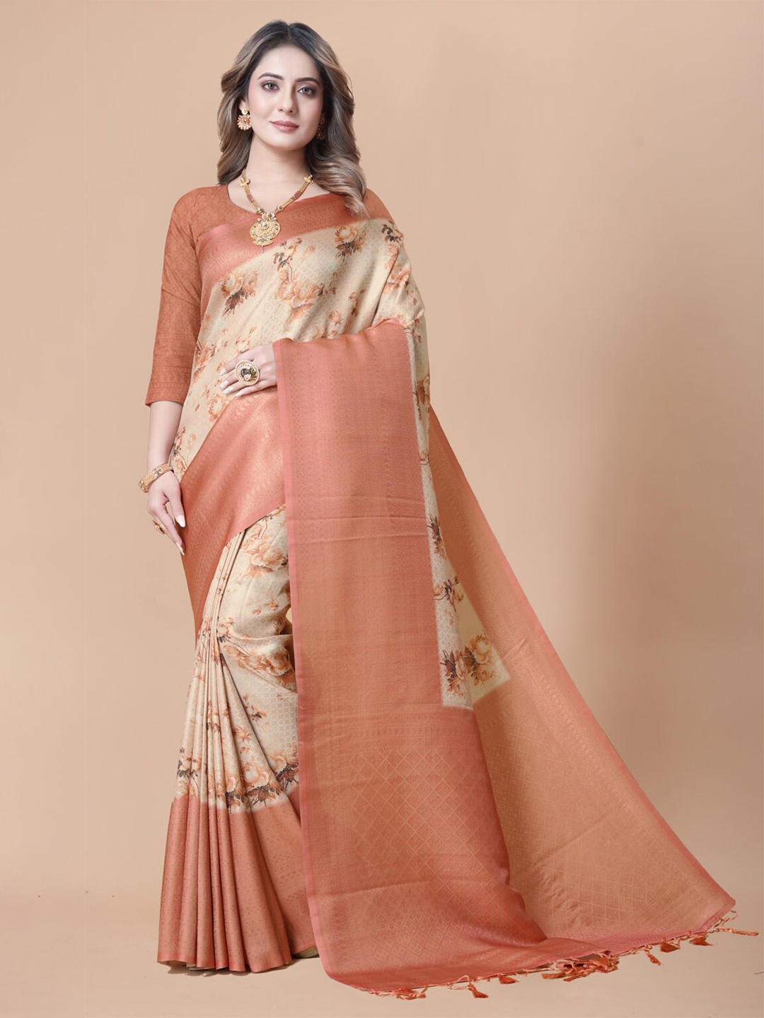 

nirja Fab Floral Printed Zari Banarasi Saree, Orange