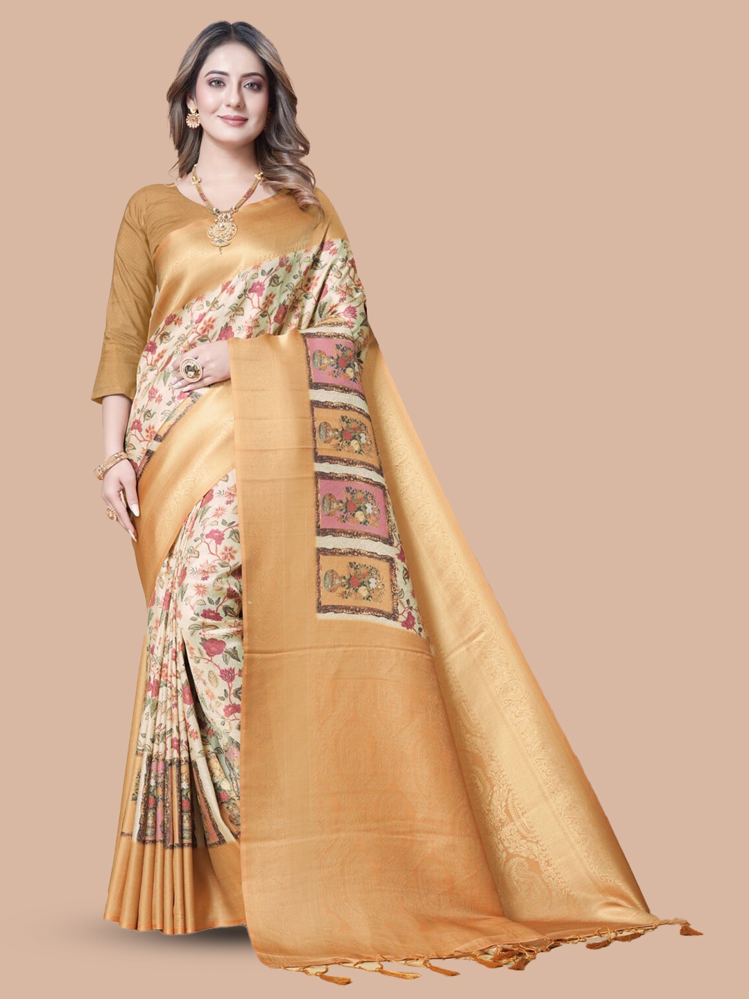 

nirja Fab Floral Printed Zari Banarasi Saree, Cream
