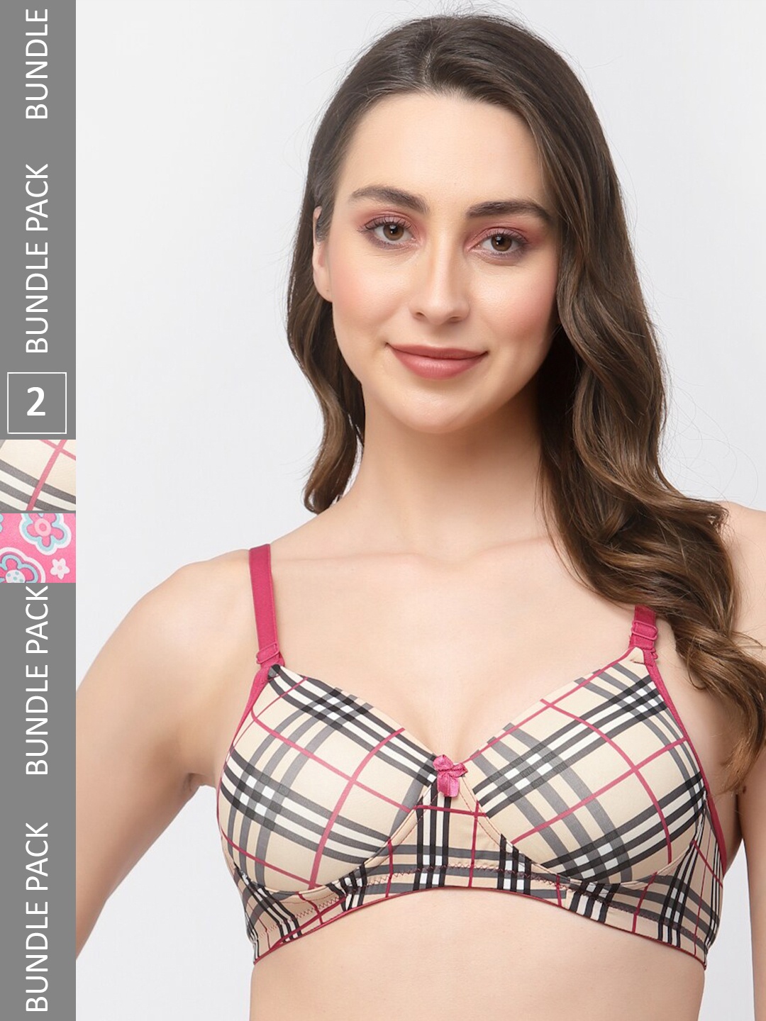 

College Girl Pack Of 2 Checked Full Coverage Lightly Padded Bra, Pink