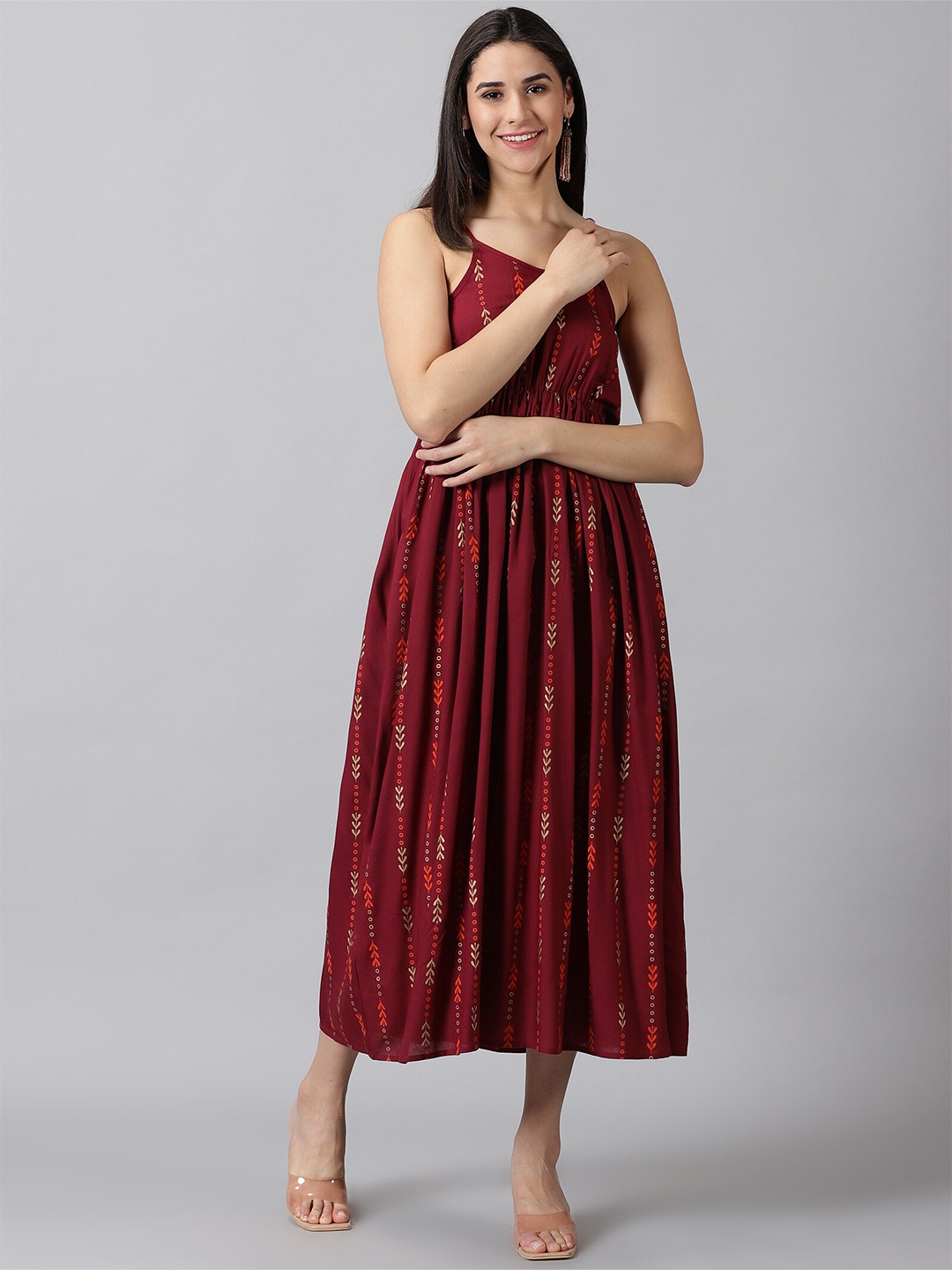 

DK FAB Floral Printed Gathered & Pleated Shoulder Strap Fit & Flare Midi Dress, Maroon