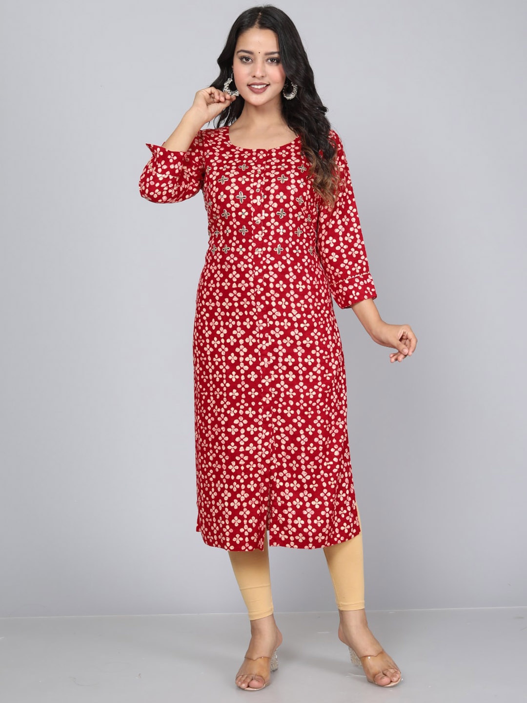 

JC4U Floral Printed Thread Work Kurta, Red