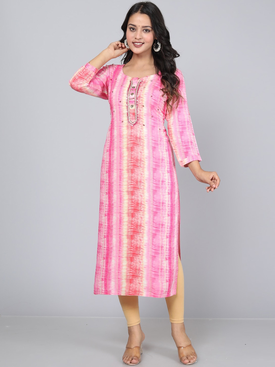 

JC4U Abstract Printed Mirror Work Kurta, Pink