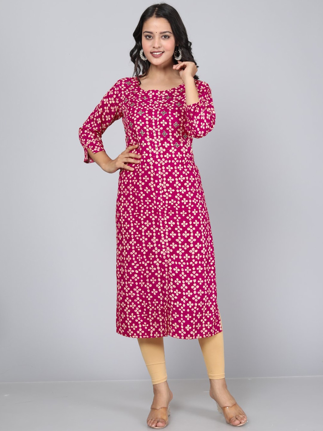 

JC4U Floral Printed Thread Work Kurta, Pink
