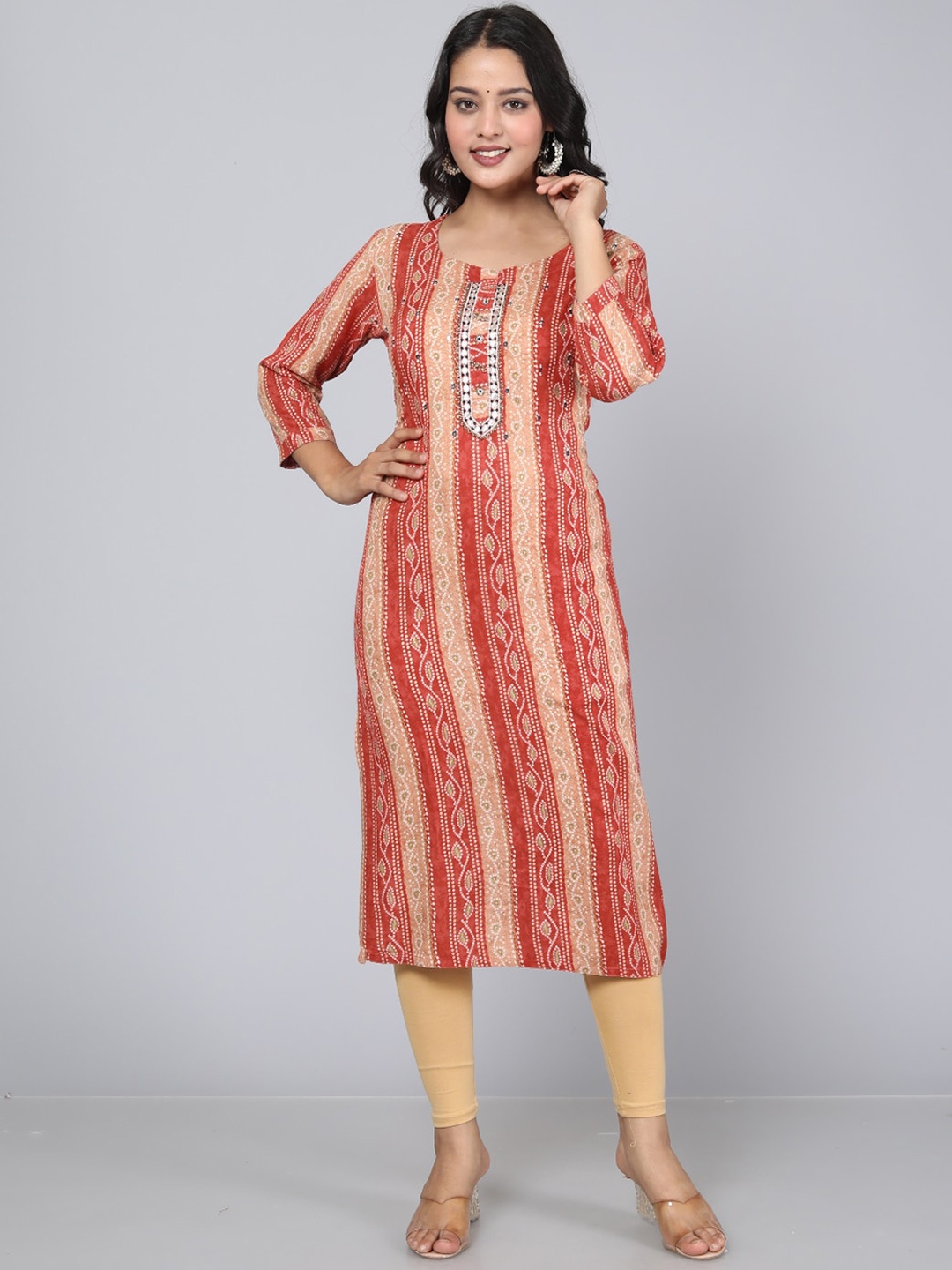 

JC4U Bandhani Printed Sequinned Straight Kurta, Red