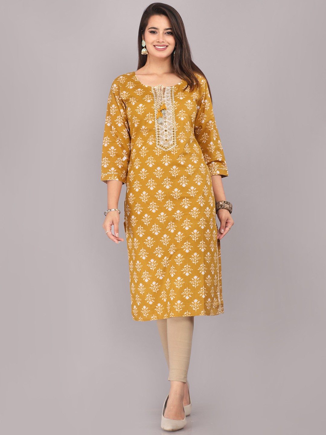 

JC4U Ethnic Motifs Printed Thread Work Kurta, Gold