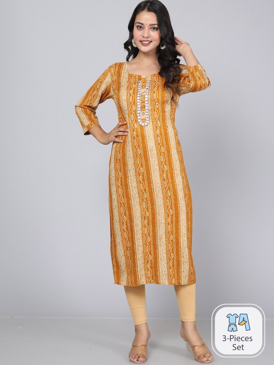 

JC4U Bandhani Printed Sequinned Straight Kurta, Yellow