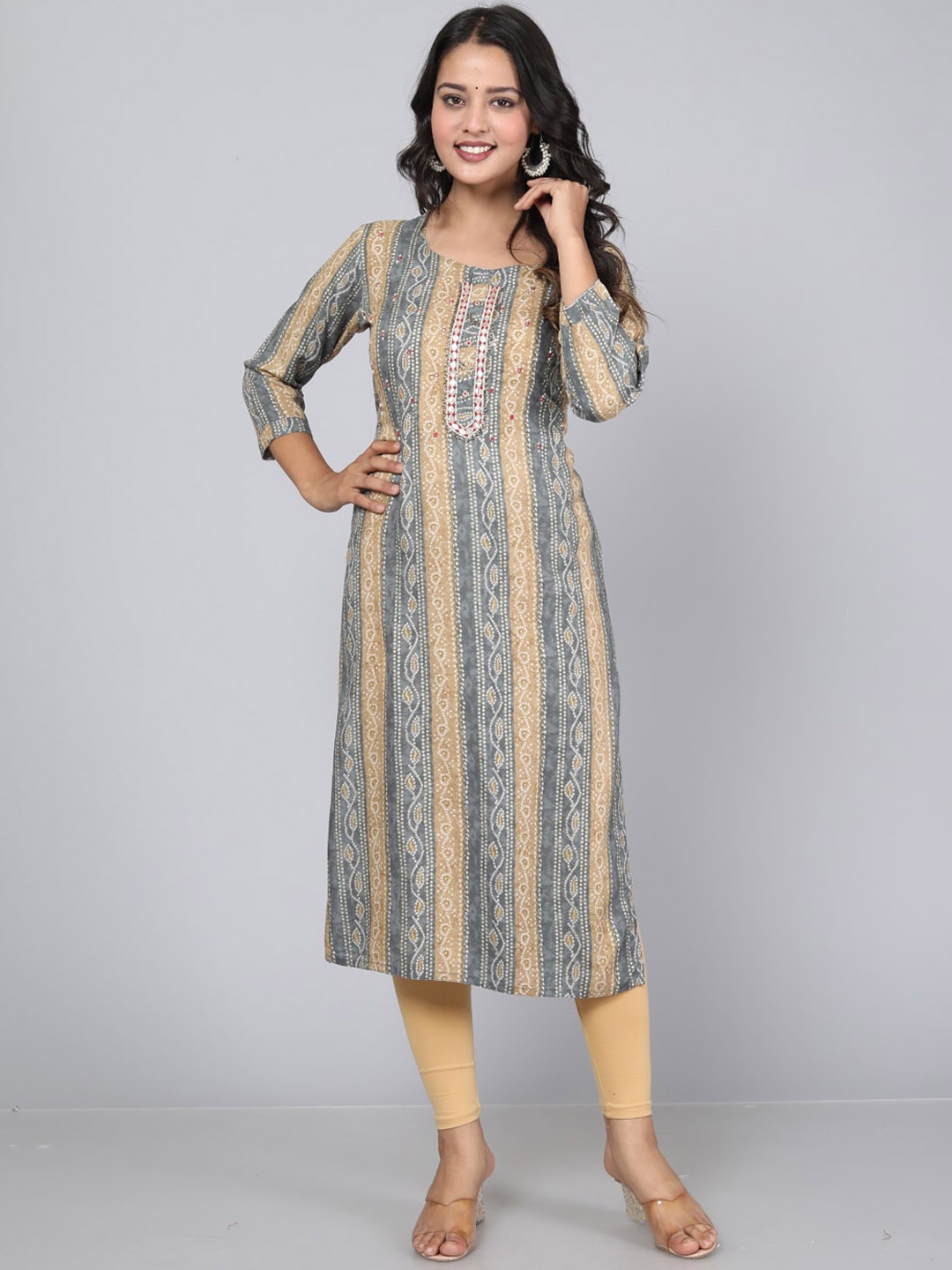 

JC4U Bandhani Printed Sequinned Straight Kurta, Grey