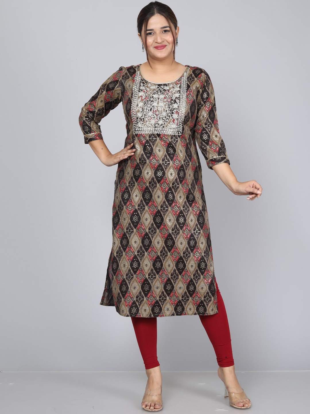 

JC4U Ethnic Motifs Printed Thread Work Kurta, Brown